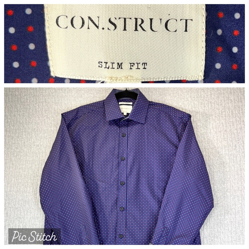CONSTRUCT Slim Fit polkadot, bird eye purple Dress‎ Shirt Men M flip cuff
